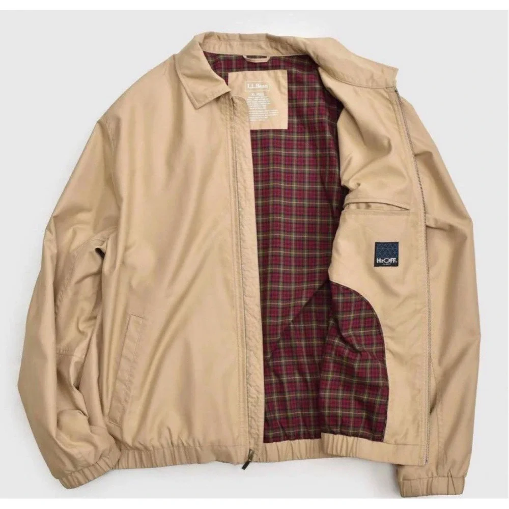 LL Bean Men Tan H2Off Full Zip Warm Up Jacket Plaid Flannel Lined Preppy XL Tall
